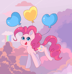 Size: 884x915 | Tagged: dead source, safe, artist:whiskyice, pinkie pie, earth pony, pony, g4, animated, balloon, cloud, cute, diapinkes, female, floating, gif, happy, heart balloon, mare, rainbow, then watch her balloons lift her up to the sky