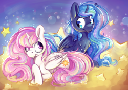 Size: 2481x1748 | Tagged: safe, artist:cutepencilcase, princess celestia, princess luna, alicorn, pony, g4, chest fluff, duo, looking at each other, pink-mane celestia, royal sisters, smiling, stars