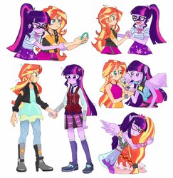 Size: 996x1024 | Tagged: safe, artist:keeerooooo1, sci-twi, sunset shimmer, twilight sparkle, alicorn, equestria girls, equestria girls specials, g4, my little pony equestria girls: better together, my little pony equestria girls: forgotten friendship, my little pony equestria girls: friendship games, my little pony equestria girls: rainbow rocks, my little pony equestria girls: rollercoaster of friendship, :i, :t, clothes, crystal prep academy uniform, female, geode of empathy, geode of telekinesis, glasses, holding hands, hug, lesbian, magical geodes, ponied up, ponytail, school uniform, ship:sci-twishimmer, ship:sunsetsparkle, shipping, simple background, sleeveless, smiling, super ponied up, twilight sparkle (alicorn), twolight, white background