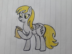 Size: 4128x3096 | Tagged: safe, artist:juani236, derpy hooves, pegasus, pony, g4, female, happy, letter, lined paper, paper, reading, solo, traditional art