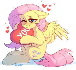 Size: 2095x1935 | Tagged: safe, artist:fensu-san, fluttershy, pegasus, pony, g4, cute, female, heart, heart eyes, heart pillow, hearts and hooves day, hug, mare, pillow, shyabetes, solo, wingding eyes