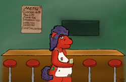 Size: 2000x1315 | Tagged: safe, artist:themox, oc, oc only, semi-anthro, apron, arm hooves, clothes, curly hair, diner, female, moxie soda, notepad, solo, text, waitress