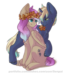 Size: 1412x1612 | Tagged: safe, artist:senpai, oc, oc only, pegasus, pony, unicorn, female, floral head wreath, flower, leaves, male, mouth hold, shipping, simple background, straight, unshorn fetlocks, white background