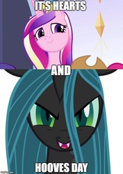 Size: 500x706 | Tagged: safe, edit, edited screencap, screencap, princess cadance, queen chrysalis, alicorn, changeling, changeling queen, pony, g4, caption, female, image macro, impact font, sharp teeth, smiling, teeth, text