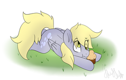Size: 1765x1123 | Tagged: safe, artist:itwasscatters, derpy hooves, pegasus, pony, g4, cute, derp, derpabetes, female, food, grass, muffin, scrunchy face, simple background, solo