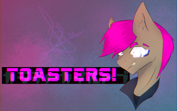 Size: 2144x1344 | Tagged: safe, artist:al1-ce, derpibooru exclusive, oc, oc only, oc:sinraal, pony, abstract background, angry, clothes, fear, floating head, jacket, pink hair, solo, text, toaster, visor