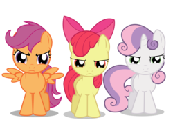 Size: 1420x1080 | Tagged: safe, artist:lifes-remedy, apple bloom, scootaloo, sweetie belle, earth pony, pegasus, pony, unicorn, g4, angry, annoyed, commission, cutie mark crusaders, female, filly, front view, frown, looking at you, simple background, spread wings, transparent background, unamused, wings