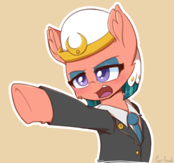 Size: 1600x1506 | Tagged: safe, artist:puetsua, somnambula, pegasus, pony, g4, ace attorney, clothes, female, headdress, lawyer, mare, necktie, objection, open mouth, pointing, signature, simple background, solo, suit