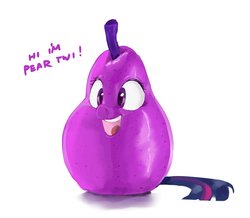 Size: 1200x1044 | Tagged: safe, artist:sirmasterdufel, twilight sparkle, g4, female, food, food transformation, inanimate tf, objectification, open mouth, pear, simple background, smiling, solo, text, transformation, wat, white background