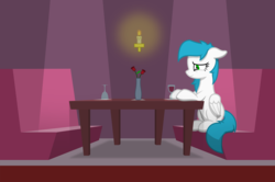 Size: 6000x3979 | Tagged: safe, artist:zylgchs, oc, oc only, oc:cynosura, pony, alcohol, alone, candle, flower, holiday, restaurant, rose, sad, sitting, solo, table, valentine's day, vector, wine