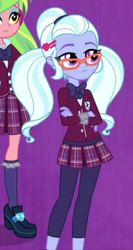 Size: 292x547 | Tagged: safe, screencap, lemon zest, sugarcoat, equestria girls, g4, my little pony equestria girls: friendship games, clothes, cropped, crystal prep academy uniform, female, glasses, leggings, miniskirt, offscreen character, pigtails, pleated skirt, school uniform, shoes, skirt, socks, twintails