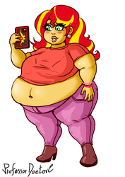 Size: 800x1133 | Tagged: safe, artist:professordoctorc, sunset shimmer, equestria girls, g4, bbw, belly, belly button, big belly, breasts, cellphone, clothes, ear piercing, earring, fat, female, jeans, jewelry, morbidly obese, obese, pants, phone, piercing, slobset shimmer, smartphone, solo, ssbbw, thick