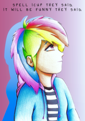 Size: 2890x4081 | Tagged: safe, artist:mustachedbain, rainbow dash, human, g4, clothes, dialogue, female, humanized, looking up, sad, solo, spell icup