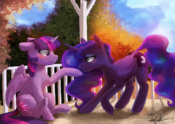 Size: 4960x3508 | Tagged: safe, artist:pucksterv, princess luna, twilight sparkle, alicorn, pony, g4, balcony, blushing, bowing, commission, cute, eye contact, female, floppy ears, heart eyes, hoof kissing, lesbian, lidded eyes, looking at each other, looking back, lunabetes, mare, missing accessory, raised hoof, ship:twiluna, shipping, smiling, twiabetes, twilight sparkle (alicorn), underhoof, wide eyes, wing fluff, wingding eyes