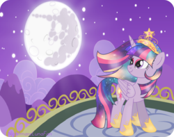 Size: 1024x808 | Tagged: safe, artist:nightmarelunafan, princess celestia, twilight sparkle, oc, oc:princess solar sparkle, alicorn, pony, g4, ethereal mane, female, fusion, mare, mare in the moon, moon, smiling, twilight sparkle (alicorn)