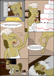 Size: 2480x3508 | Tagged: safe, oc, oc only, oc:chocolate chips, earth pony, pony, comic:heart of creation, apron, baking, bed, butt, cake, chef's hat, clothes, comic, food, hat, high res, oven, plot, sleeping, solo