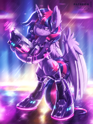 Size: 2250x3000 | Tagged: safe, artist:shad0w-galaxy, twilight sparkle, alicorn, cyborg, pony, g4, armor, belly button, bipedal, chest fluff, city, clothes, cyberpunk, ear fluff, earbuds, female, future, gun, high res, horn, mare, neon, patreon, rain, science fiction, shoulder fluff, solo, twilight sparkle (alicorn), weapon, wet mane, wing fluff, wings
