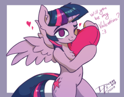 Size: 1936x1509 | Tagged: safe, artist:danli69, twilight sparkle, alicorn, pony, g4, bipedal, chest fluff, female, heart, holiday, hug, pillow, pillow hug, solo, twilight sparkle (alicorn), valentine's day