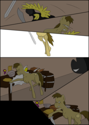 Size: 2480x3508 | Tagged: safe, oc, oc:chocolate chips, pony, comic:heart of creation, comic, fight, high res, sword, unknown pony, weapon