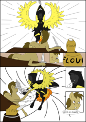 Size: 2480x3508 | Tagged: safe, oc, oc:chocolate chips, pony, comic:heart of creation, comic, female, fight, high res, male, sword, unknown pony, weapon