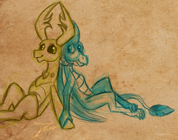 Size: 601x474 | Tagged: safe, artist:jamescorck, princess ember, thorax, changedling, changeling, pony, g4, female, holding hands, interspecies, king thorax, male, ship:embrax, shipping, sketch, straight