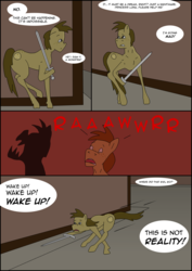 Size: 2480x3508 | Tagged: safe, oc, oc:chocolate chips, pony, comic:heart of creation, comic, high res, male, solo, sword, weapon