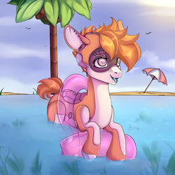 Size: 1024x1024 | Tagged: safe, artist:velirenrey, oc, oc only, oc:kiva, pony, robot, robot pony, beach, beach umbrella, female, inflatable, inner tube, mare, open mouth, palm tree, smiling, solo, swimming, tree, water