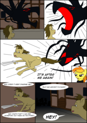 Size: 2480x3508 | Tagged: safe, spitfire, oc, oc:chocolate chips, pony, comic:heart of creation, g4, comic, female, high res, male, monster, sword, tentacles, weapon