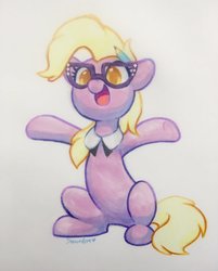 Size: 1648x2048 | Tagged: safe, artist:dawnfire, grace manewitz, earth pony, pony, g4, copic, cute, eyelashes, female, glasses, hooves up, mare, necktie, no pupils, open mouth, pencil, signature, simple background, sitting, smiling, solo, traditional art, white background