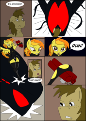 Size: 2480x3508 | Tagged: safe, spitfire, oc, oc:chocolate chips, pony, comic:heart of creation, g4, armpits, bomb, clothes, comic, female, fight, high res, male, monster, weapon