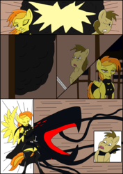 Size: 2480x3508 | Tagged: safe, spitfire, oc, oc:chocolate chips, pony, comic:heart of creation, g4, comic, explosion, female, high res, male, monster, sword, tentacles, weapon