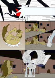 Size: 2480x3508 | Tagged: safe, oc, oc:chocolate chips, pony, comic:heart of creation, comic, high res, male, monster, sword, tentacles, unknown pony, weapon