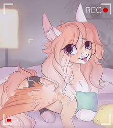 Size: 1024x1152 | Tagged: safe, artist:velirenrey, oc, oc only, pegasus, pony, camera shot, ear fluff, eye clipping through hair, female, mare, open mouth, pillow, pose, prone, recording, smiling, solo, tongue out, ych result