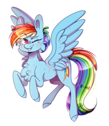 Size: 1729x2000 | Tagged: safe, artist:soundwavepie, rainbow dash, pegasus, pony, g4, backwards cutie mark, chest fluff, eye clipping through hair, female, flying, looking at you, mare, one eye closed, simple background, smiling, solo, spread wings, transparent background, wings, wink