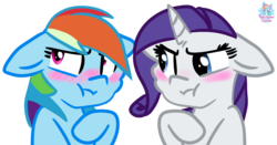 Size: 1188x623 | Tagged: safe, artist:rainbow eevee, rainbow dash, rarity, pony, g4, :t, angry, blushing, confused, duo, female, floppy ears, lesbian, looking, ship:raridash, shipping, simple background, transparent background