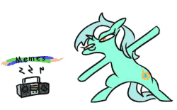 Size: 587x365 | Tagged: safe, artist:jargon scott, edit, editor:henry, lyra heartstrings, pony, unicorn, g4, animated, bipedal, boombox, caption, dancing, descriptive noise, female, gif, gif with captions, mare, meme, simple background, solo, white background