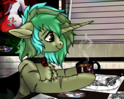 Size: 2500x2000 | Tagged: safe, artist:brainiac, oc, oc only, oc:blackjack, oc:piper, pony, fallout equestria, fallout equestria: project horizons, chest fluff, coffee, collar, fanfic art, floppy ears, high res, phone, rain, scar, solo