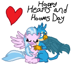 Size: 472x414 | Tagged: safe, artist:nightshadowmlp, gallus, silverstream, classical hippogriff, griffon, hippogriff, g4, what lies beneath, cute, diastreamies, female, gallabetes, heart, hearts and hooves day, holiday, hug, interspecies, male, scene interpretation, ship:gallstream, shipping, silverstream hugs gallus, simple background, straight, text, valentine's day, white background