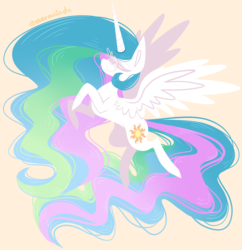 Size: 1240x1280 | Tagged: safe, artist:mermailada, princess celestia, alicorn, pony, g4, cute, cutelestia, eyes closed, female, flying, horn, lineless, mare, simple background, smiling, solo, stylized, wings, yellow background