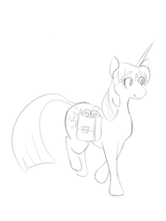 Size: 400x533 | Tagged: safe, artist:teamsavvy, twilight sparkle, pony, unicorn, g4, dock, female, horn, mare, monochrome, saddle bag, simple background, sketch, smiling, solo, unicorn twilight, walking, white background