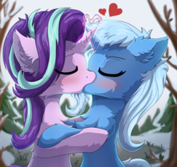 Size: 1280x1207 | Tagged: safe, artist:nighty, starlight glimmer, trixie, pony, unicorn, g4, blushing, chest fluff, cute, duo, duo female, ear fluff, eyes closed, female, fluffy, forest, heart, horn, hug, kiss on the lips, kissing, lesbian, magic, mare, missing accessory, pine tree, ship:startrix, shipping, snow, tree