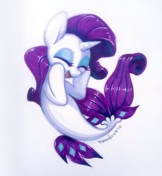 Size: 3024x3292 | Tagged: safe, artist:dawnfire, rarity, seapony (g4), unicorn, g4, my little pony: the movie, blue mane, blue tail, cute, digital art, dorsal fin, eyelashes, eyes closed, eyeshadow, female, fin, fish tail, flowing mane, flowing tail, gem, happy, high res, horn, makeup, mare, ocean, open mouth, open smile, pretty, raribetes, scales, seaponified, seapony rarity, signature, simple background, smiling, solo, species swap, swimming, tail, traditional art, underwater, water