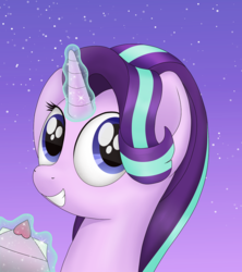 Size: 993x1120 | Tagged: safe, artist:noosa, starlight glimmer, pony, unicorn, g4, bust, female, glowing, glowing horn, grin, hearts and hooves day, holiday, horn, levitation, looking at you, magic, mare, portrait, simple background, smiling, solo, stars, telekinesis, valentine, valentine's day, valentine's day card