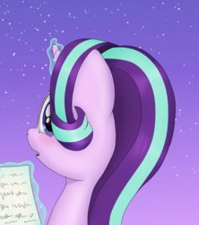 Size: 993x1120 | Tagged: safe, artist:noosa, starlight glimmer, pony, unicorn, g4, blushing, bust, female, holiday, levitation, looking at you, looking back, looking back at you, magic, mare, open mouth, portrait, reading, scribbles, simple background, solo, stars, surprised, telekinesis, valentine, valentine's day, valentine's day card