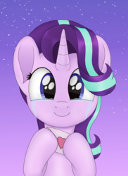 Size: 993x1363 | Tagged: safe, artist:noosa, starlight glimmer, pony, unicorn, g4, bipedal, bust, crying, cute, female, glimmerbetes, happy, holiday, hoof hold, looking at you, magic, mare, portrait, simple background, smiling, smiling at you, solo, stars, tears of joy, valentine, valentine's day, valentine's day card