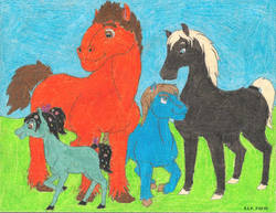 Size: 1024x791 | Tagged: safe, artist:summershe-wolf, horse, pony, calhoun, fix-it felix jr., hoers, horsified, ponified, realistic, traditional art, vanellope von schweetz, wreck-it ralph, wreck-it ralph (character)