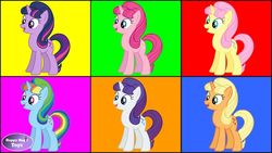 Size: 1280x720 | Tagged: safe, applejack, fluttershy, pinkie pie, rainbow dash, rarity, starlight glimmer, twilight sparkle, pony, unicorn, g4, mane six, palette swap, race swap, recolor