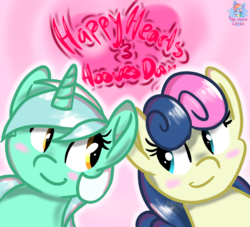 Size: 1128x1026 | Tagged: safe, artist:rainbow eevee, bon bon, lyra heartstrings, sweetie drops, earth pony, pony, unicorn, g4, adorabon, blushing, cute, female, happy hearts and hooves day, hearts and hooves day, holiday, lesbian, looking at each other, lyrabetes, mare, ship:lyrabon, shipping, smiling, valentine's day