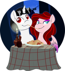 Size: 1455x1594 | Tagged: safe, artist:xwhitedreamsx, oc, oc:tilly, pegasus, pony, unicorn, bella notte, breadsticks, candle, candlelight dinner, colored wings, duo, female, food, gradient wings, lady and the tramp, looking at you, male, mare, pasta, simple background, spaghetti, spaghetti scene, stallion, table, transparent background, ych result
