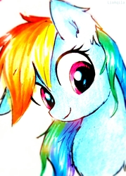 Size: 1504x2105 | Tagged: safe, artist:liaaqila, rainbow dash, pegasus, pony, g4, bust, cheek fluff, chest fluff, close-up, cute, dashabetes, ear fluff, female, floppy ears, fluffy, head tilt, looking at you, mare, signature, simple background, smiling, solo, traditional art, weapons-grade cute, white background